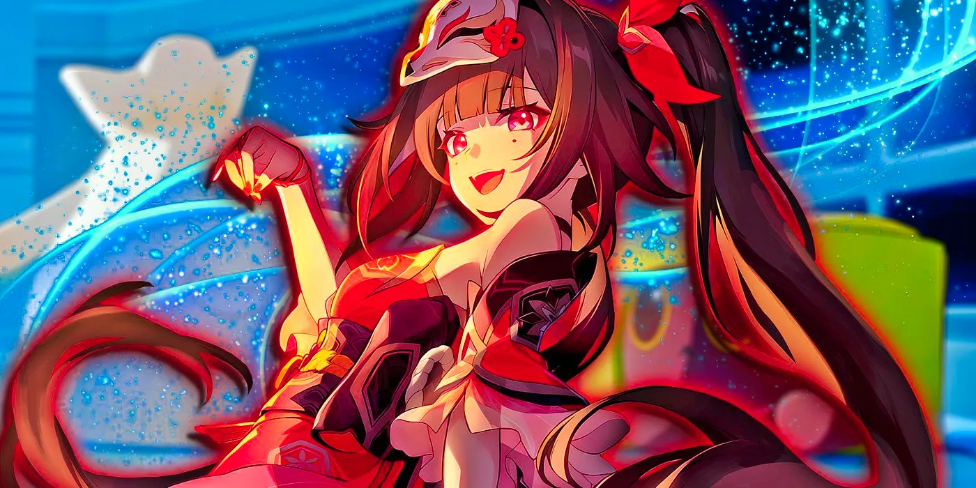 Honkai Star Rail's Sparkle smiles and poses in front of a sparkling effect. Image