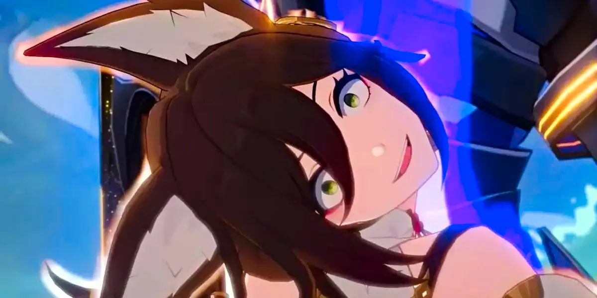 Honkai Star Rail's Tingyun has her neck twisted by Phantylia in a cutscene. Image