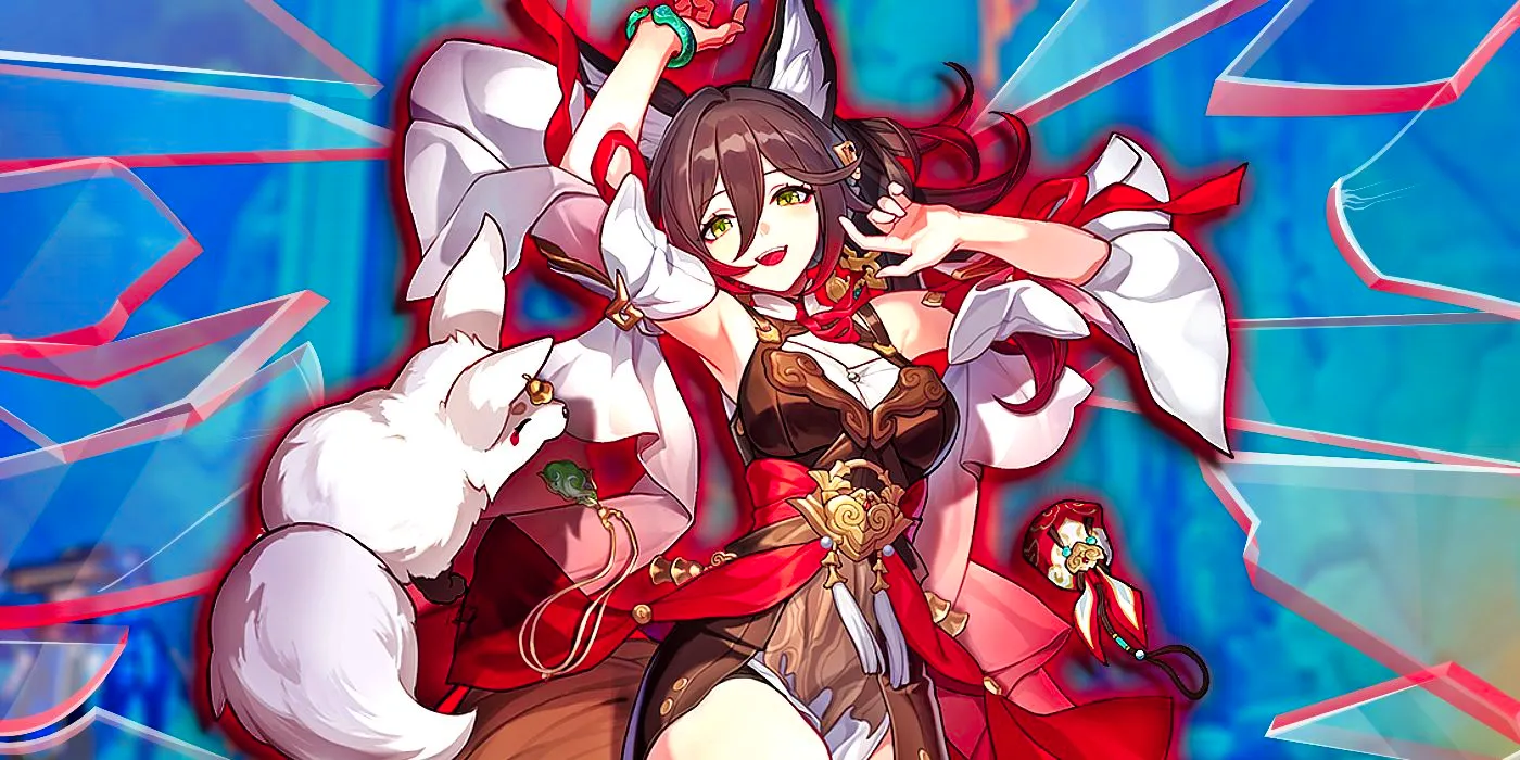 Honkai Star Rail's Tingyun smiles as she is surrounded by red glass in the Shackling Prison. Image