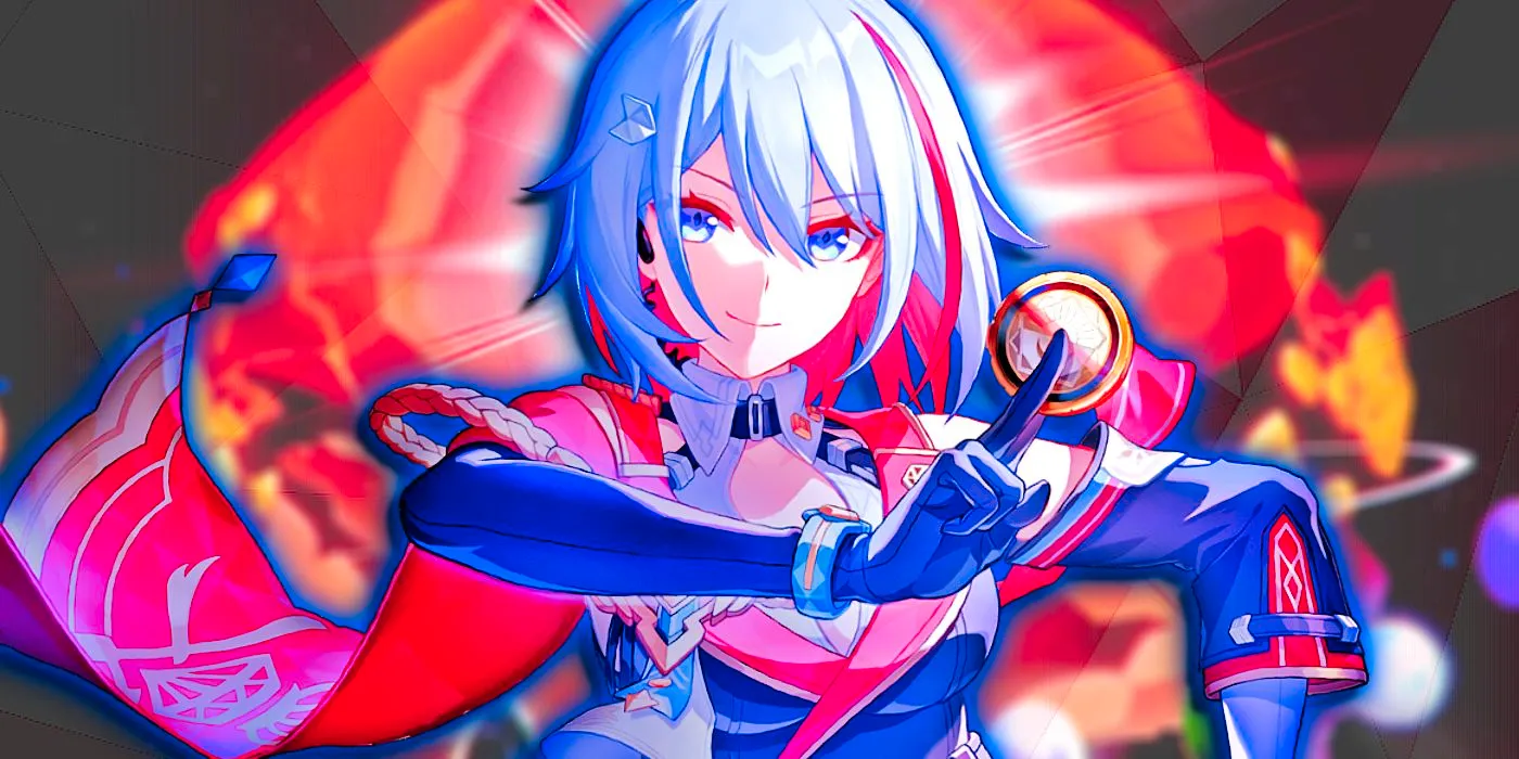 Honkai Star Rail's Topaz smiles and holds a coin between her fingers. Image