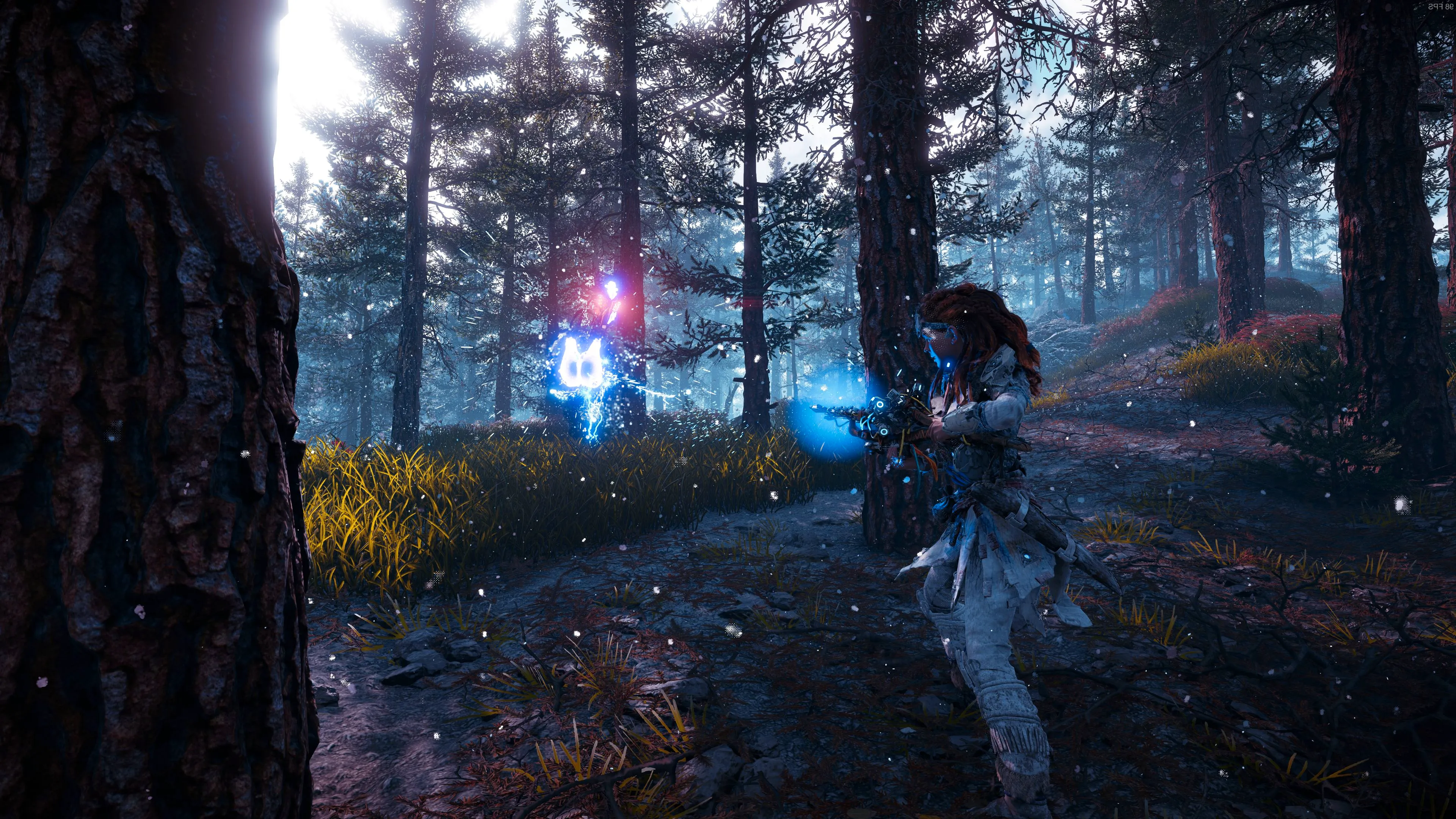 Horizon Zero Dawn Aloy Firing Improved Stormslinger At Longleg In Frozen Wilds Forest Image