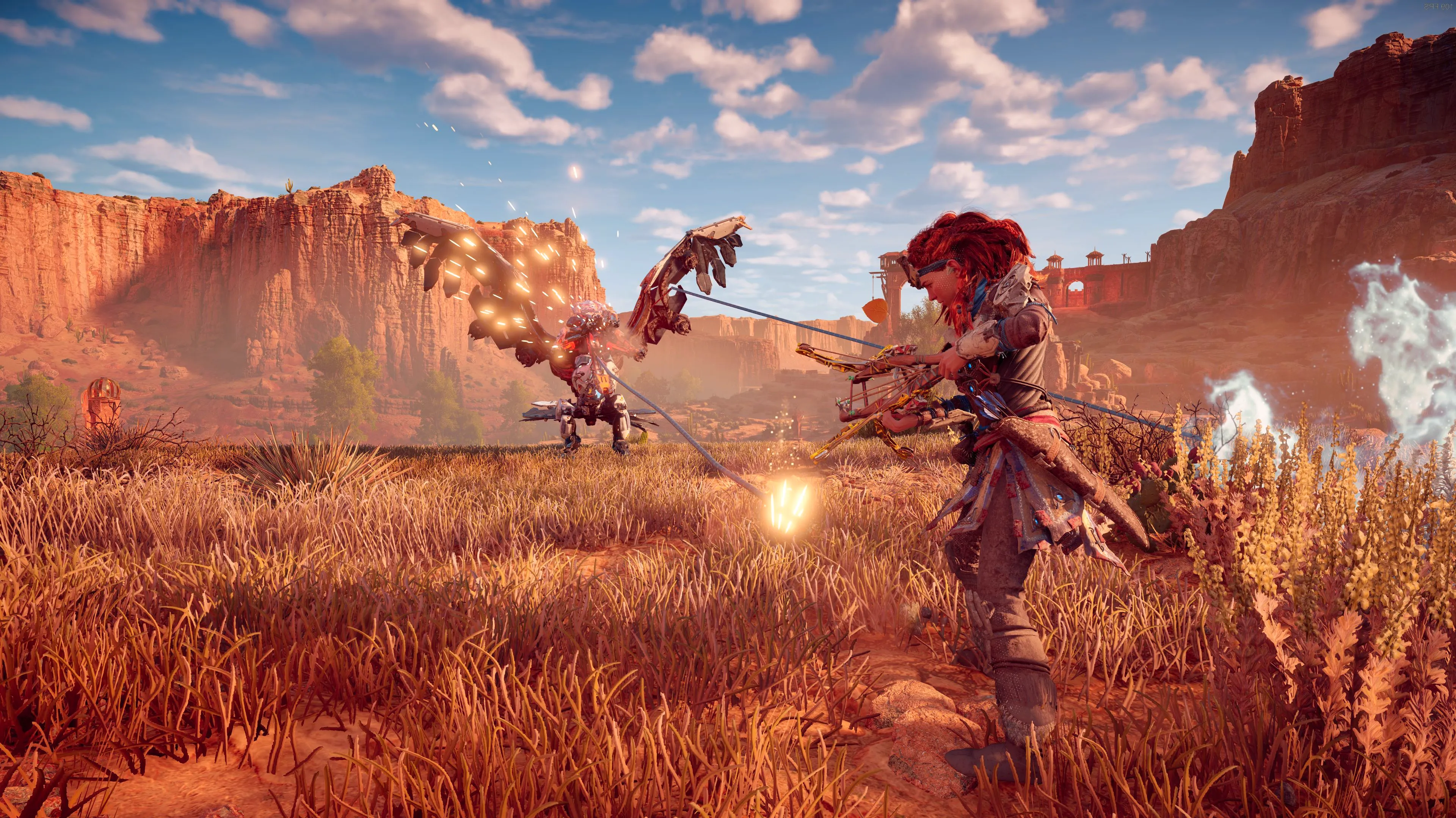 Horizon Zero Dawn Aloy Tying Down Glinthawk With Ropecaster Ropes In Desert Image