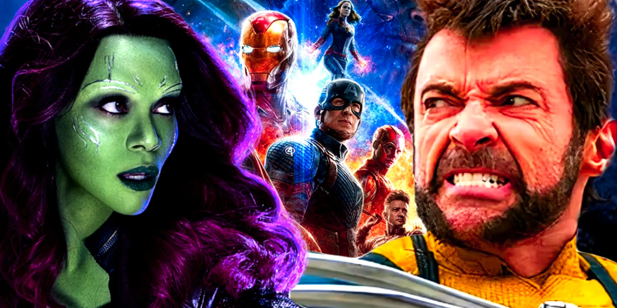 Hugh Jackman's Wolverine and Zoe Saldana's Gamora look at each other in front of Avengers Endgame's hero team Image