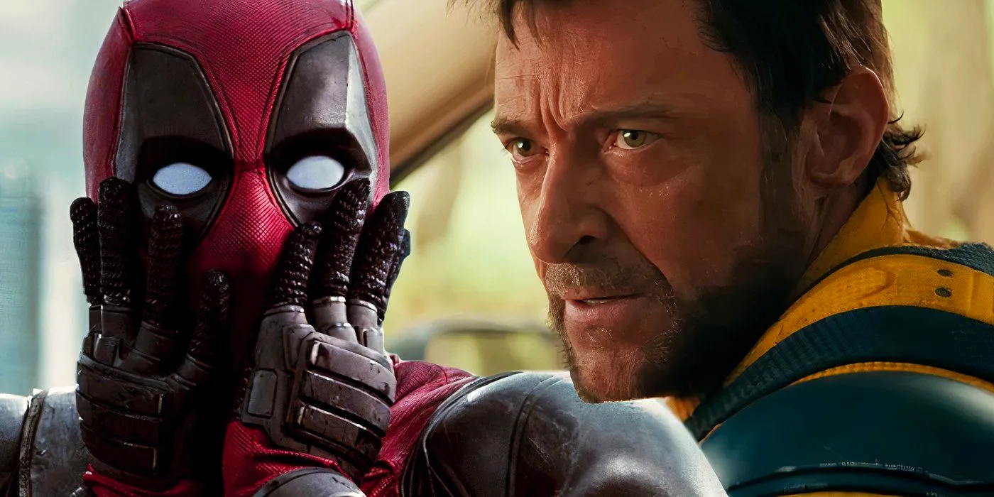 Hugh Jackman's Wolverine frowning at Deadpool in a car in Deadpool & Wolverine (2024) on the left, Ryan Reynold's Deadpool gasping from Deadpool (2016) on the right Image