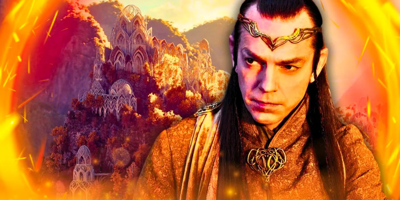 Hugo Weaving as Elrond in The Lord of the Rings with Rivendell in the background Image