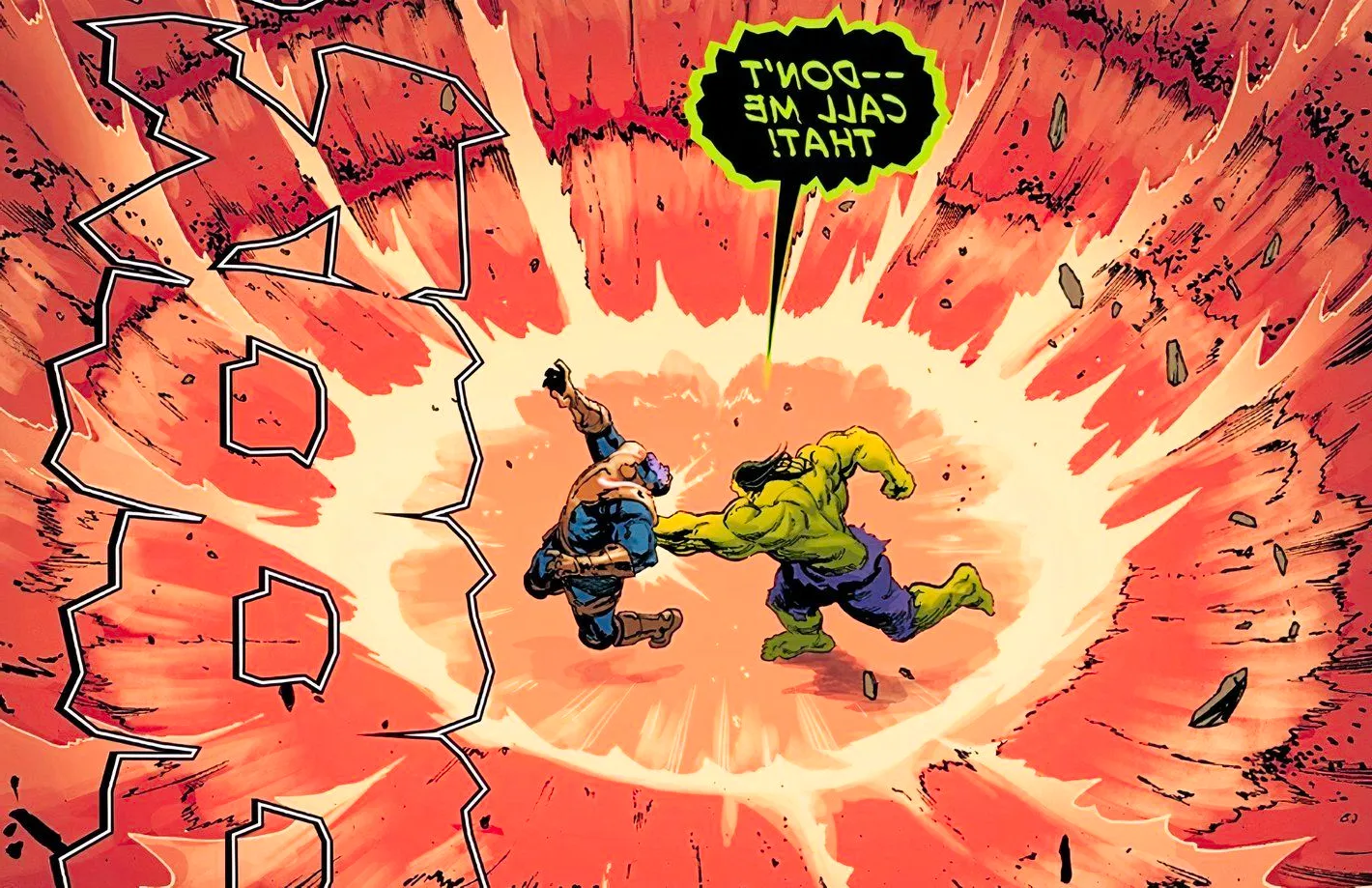 Hulk Annual #1, Hulk punches Thanos in the back and demands not to be called puny Image