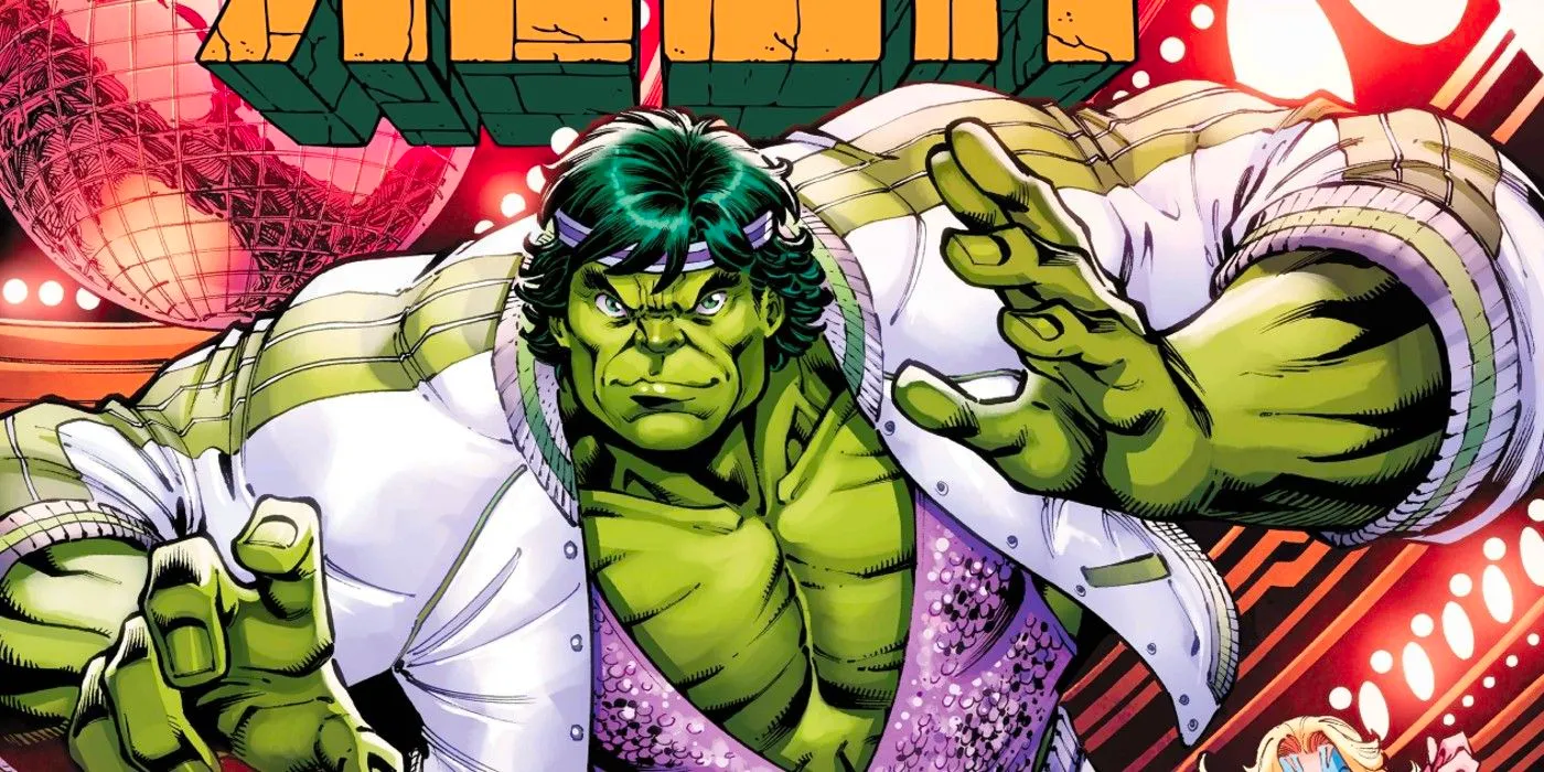 Hulk dons a glittery purple and solid white 1970s-inspired suit combo, while wearing a purple headband on a Disco Dazzler variant cover. Image