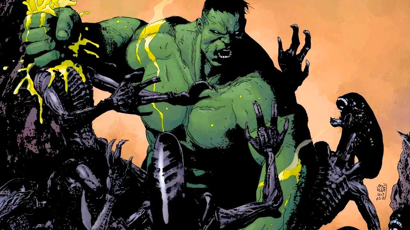 Hulk fighting a horde of Alien's Xenomorphs. Image