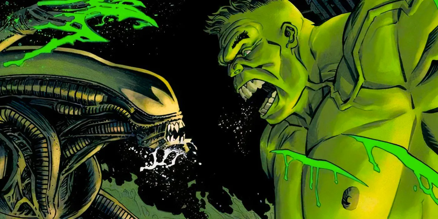 Hulk fighting a Xenomorph from Alien one-on-one. Image