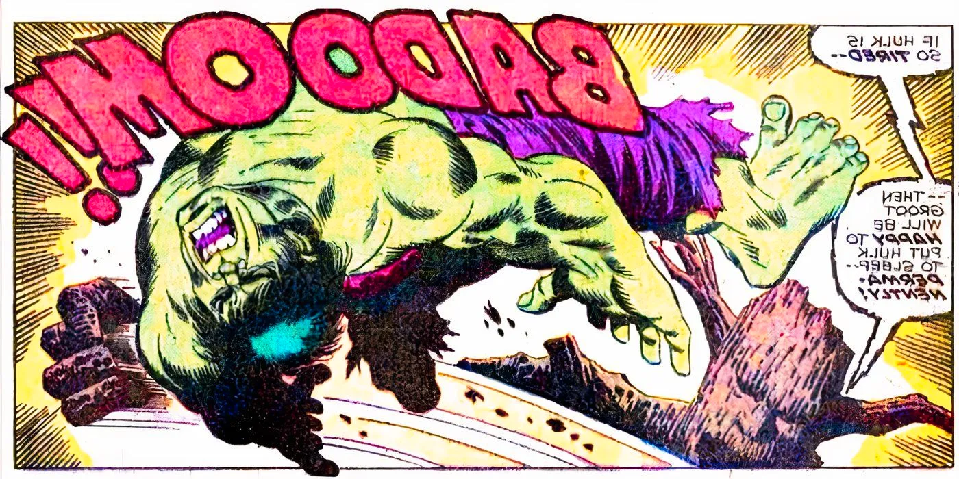 Hulk getting hit by Groot in Marvel Comics. Image