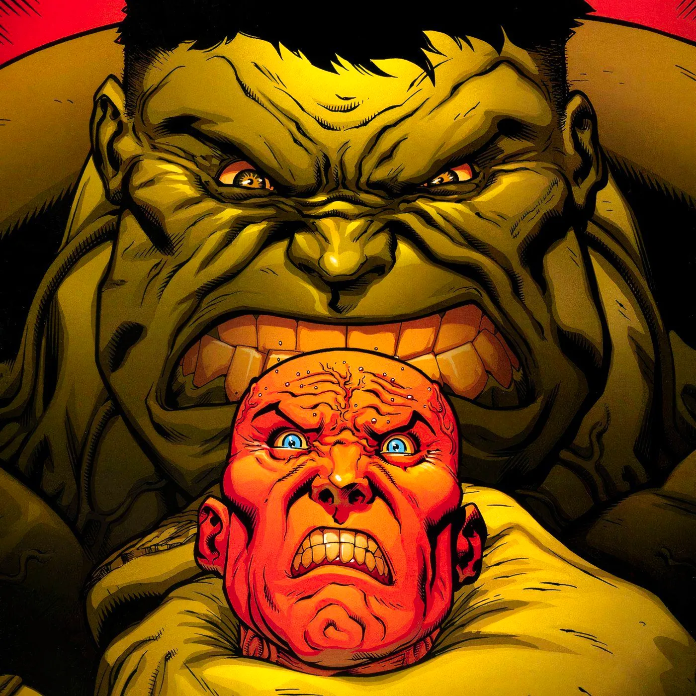 Hulk gripping Professor X's neck from behind. Image