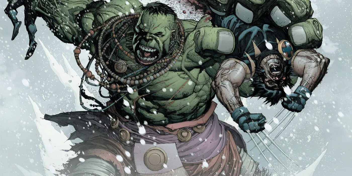 Hulk ripping Wolverine in half at the waist. Image