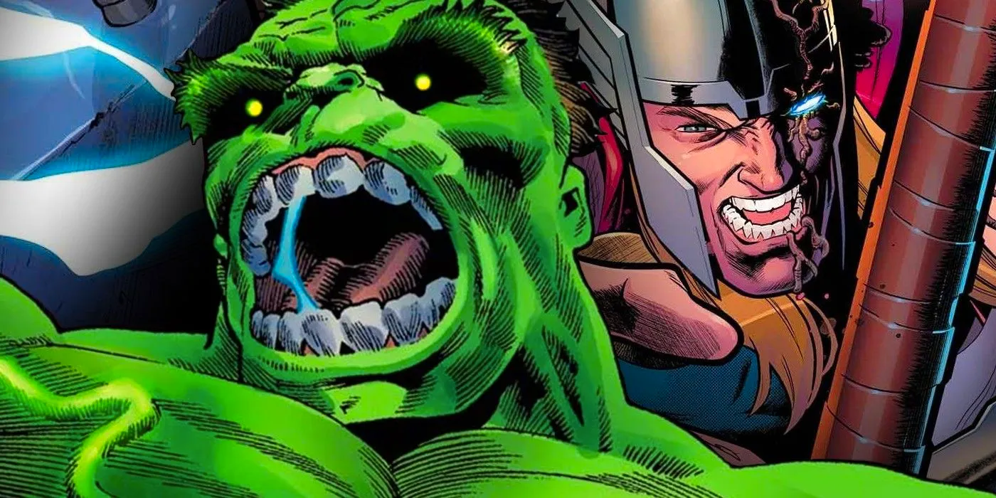 hulk roars as thor desperately reaches for mjolnir Image