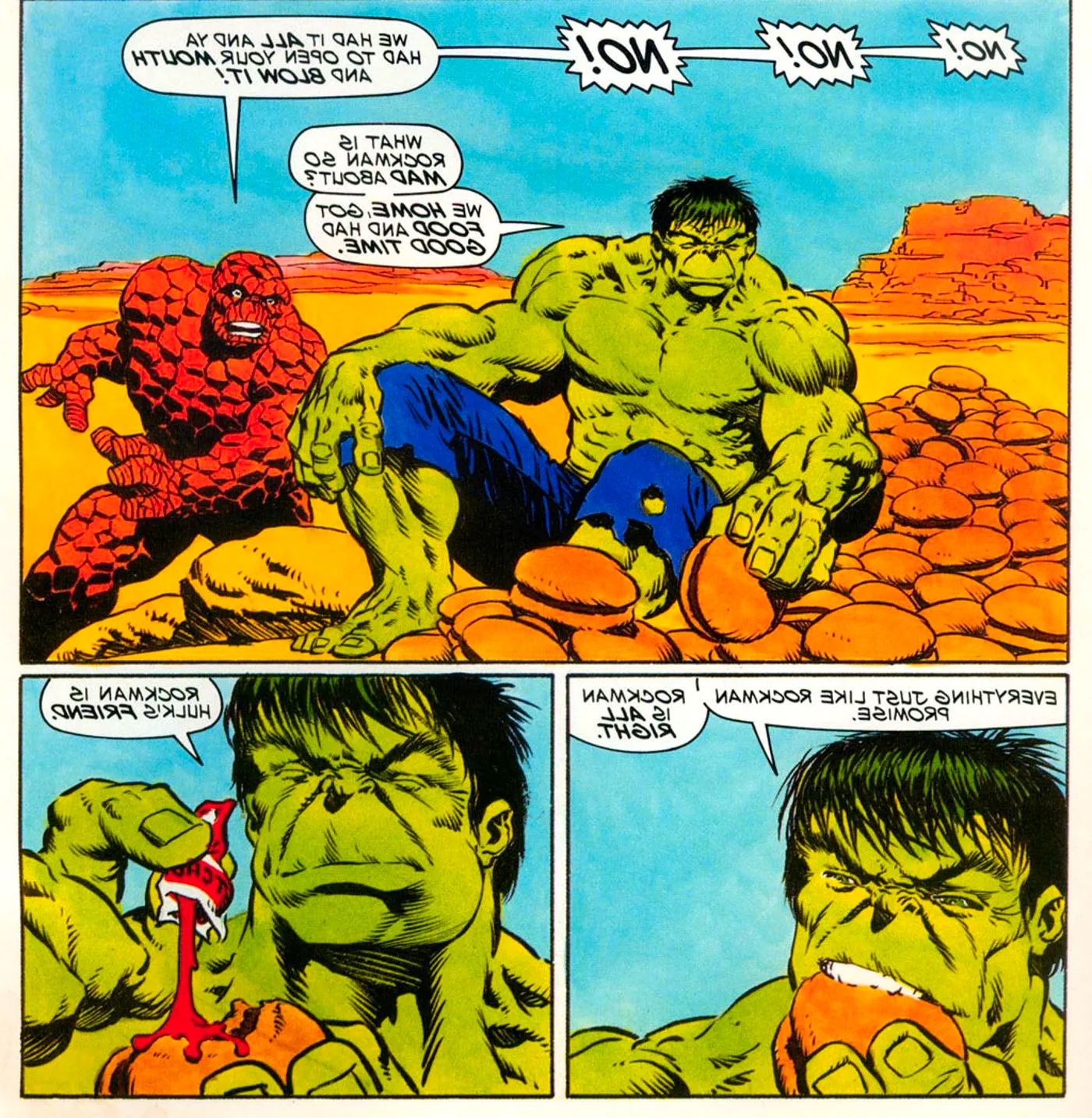 Hulk Sits on Mountain of Burgers Beside The Thing Image