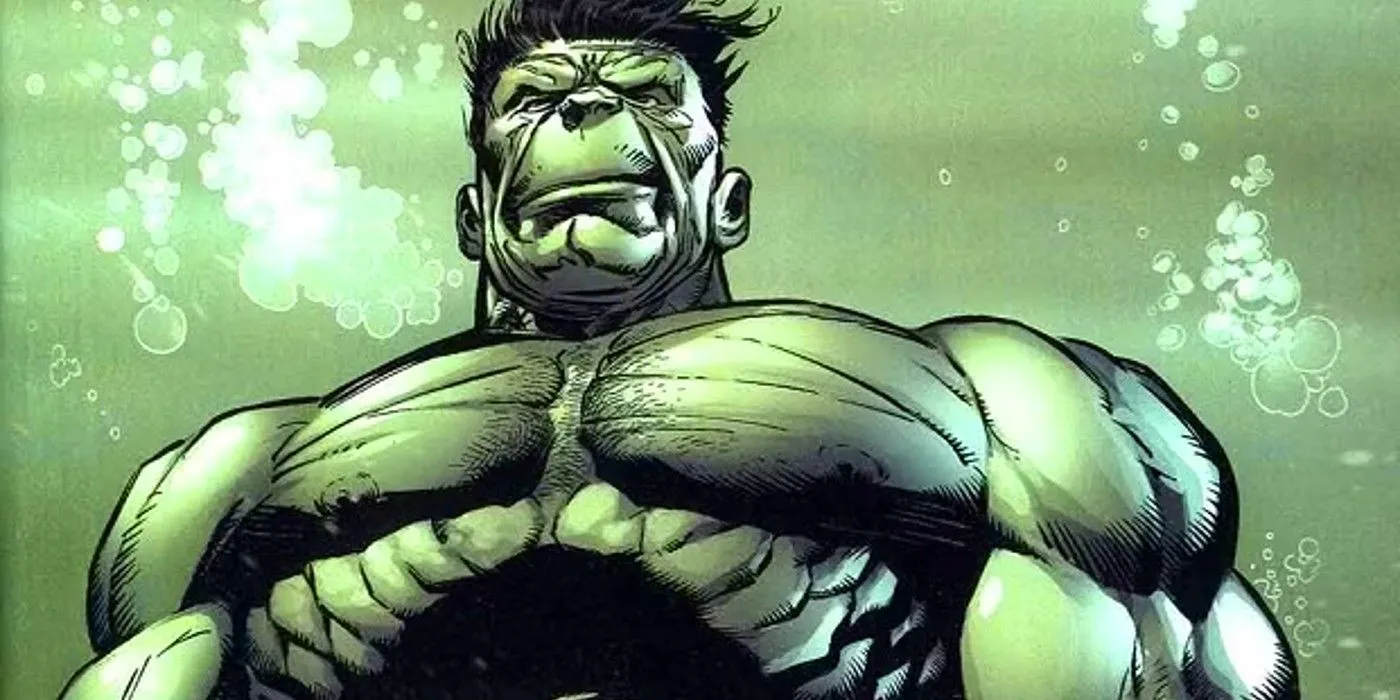 Hulk under water, the water matching the green hue of his skin. Image