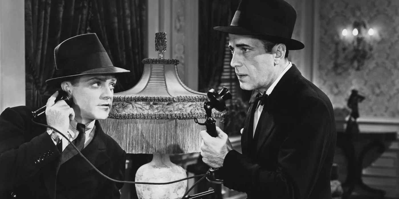 Humphrey Bogart as Jim and James Cagney as Rocky on the telephone in Angels With Dirty Faces. Image