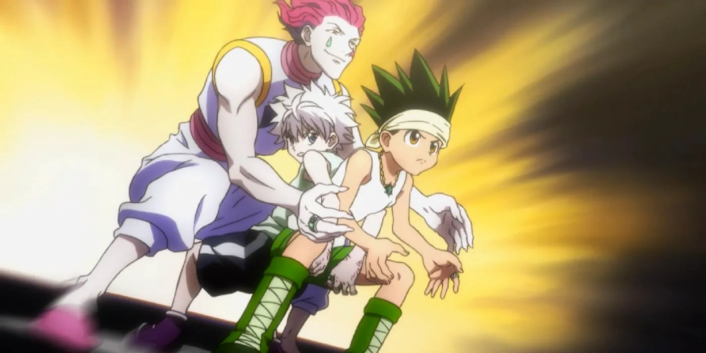 Hunter x Hunter's Gon, Killua, & Hisoka in a defensive stance while playing volleyball in the Greed Island Arc Image