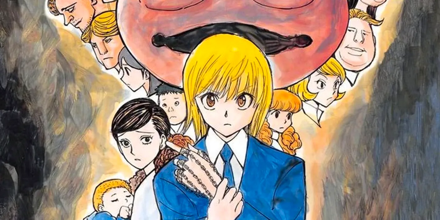 Hunter x Hunter's Kurapika wearing a suit and looking serious with various characters floating behind him. Image