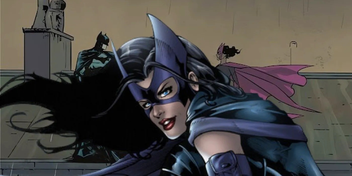 Huntress feature with Batman and Helena Wayne in the background Image