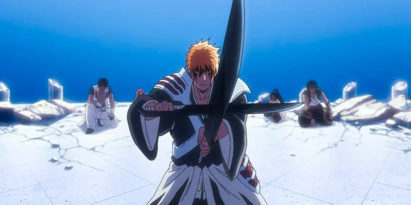 Ichigo rises to his feet in front of his friends to battle Yhwach. Image