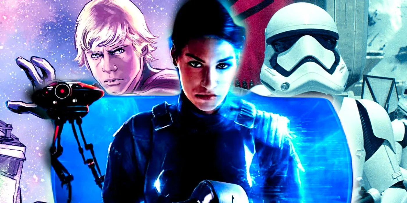 Iden Versio from Battlefront II in the center; a First Order stormtrooper from Star Wars: The Force Awakens on the left; Luke Skywalker from Shattered Empire on the right. Image