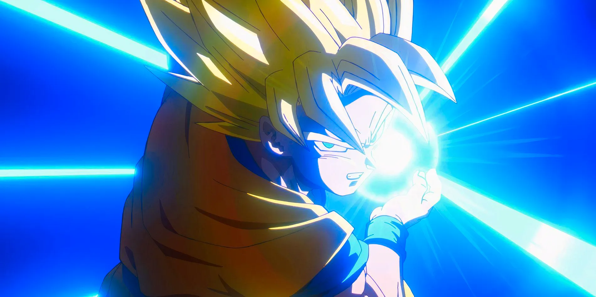 Image from Dragon Ball Daima anime Episode 1 shows part of Flashback with Super Saiyan Goku charging a Kamehameha Wave while his hair is yellow and the backround is blue as waves of light shine from his hands. Image