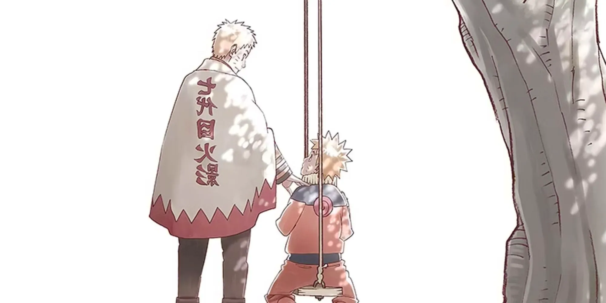 Image from Naruto's 20 anniversary celebration shows an adult Hokage Naruto standing next to the younger version of himself on the lonely swing. Image