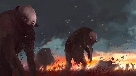 Image from Pathologic 2 of strange beings walking through a fiery landscape. Image