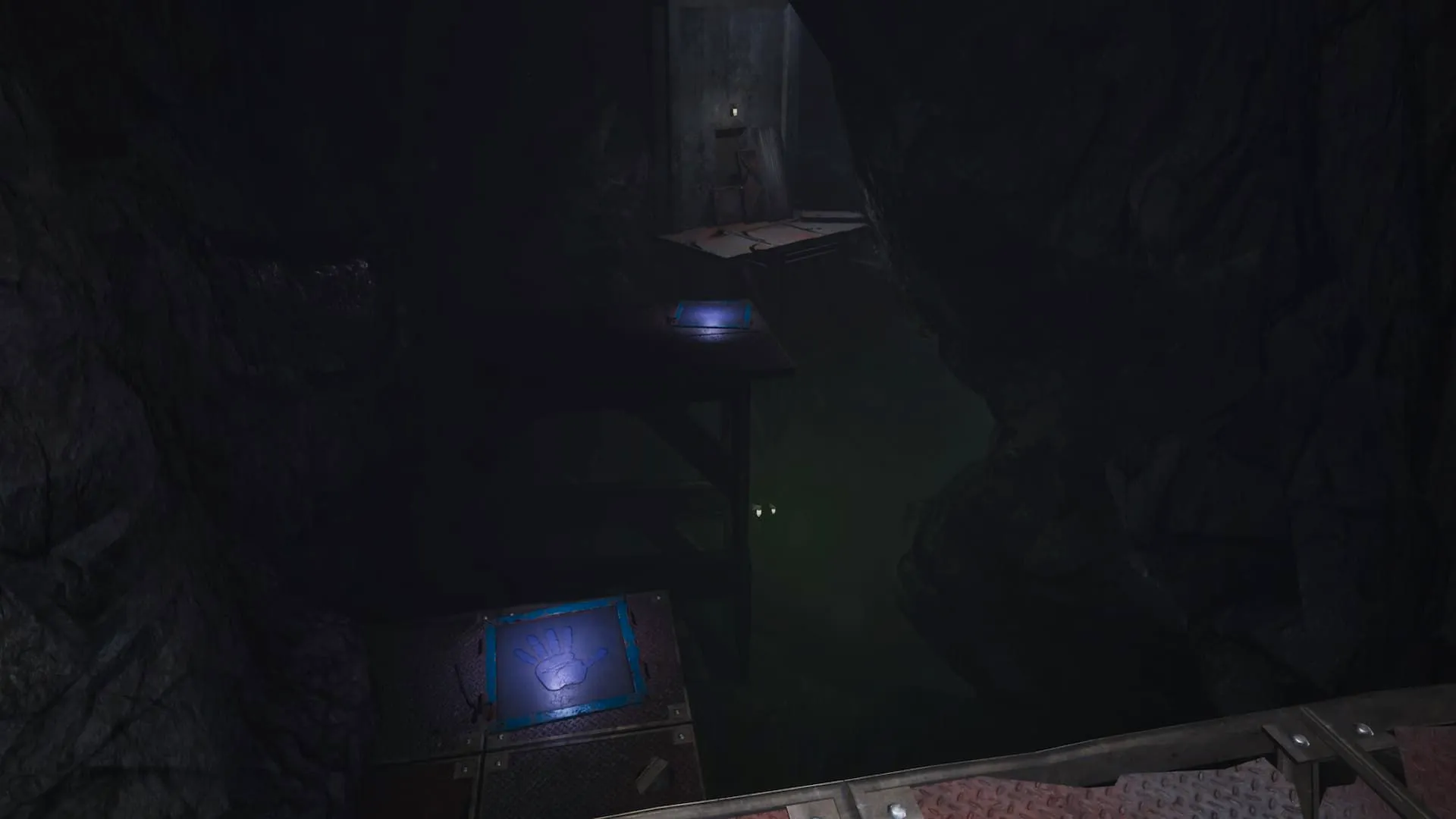 Image from Poppy Playtime Chapter 4 of a dimly lit room with platforms for the player to jump acorss to make it to the other side. A pit below the platforms adds a sense of fear, as falling would mean the end of their run.  Image