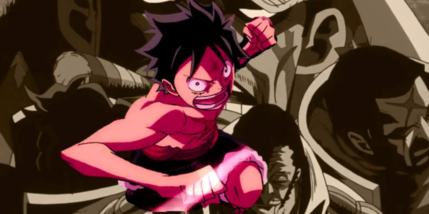 Image of a redish Luffy from One Piece movie Z getting leaping into a fight while grayed out versions of the Marine Admirals are behind him. Image