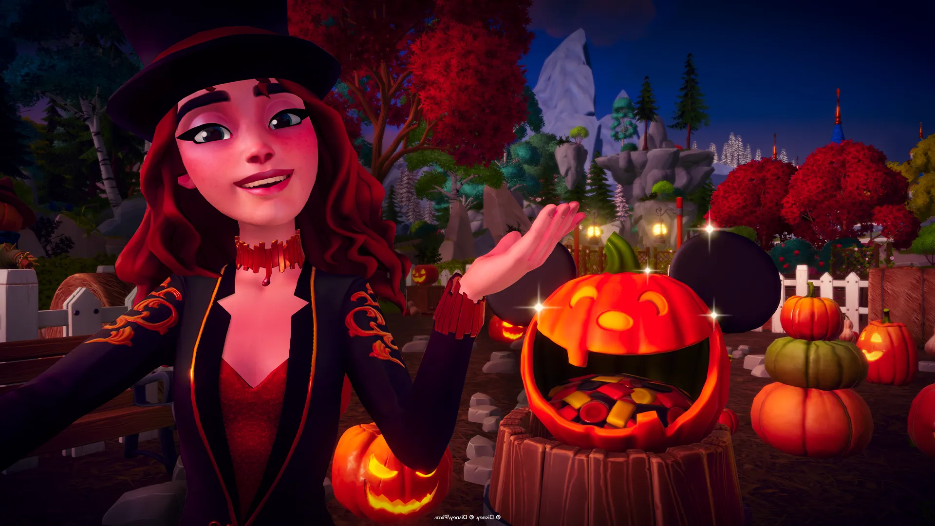 Image of an in-game Disney Dreamlight Valley character standing next to a pumpkin filled with candy, with more spooky decor such as pumpkins and gravestones in the background.  Image