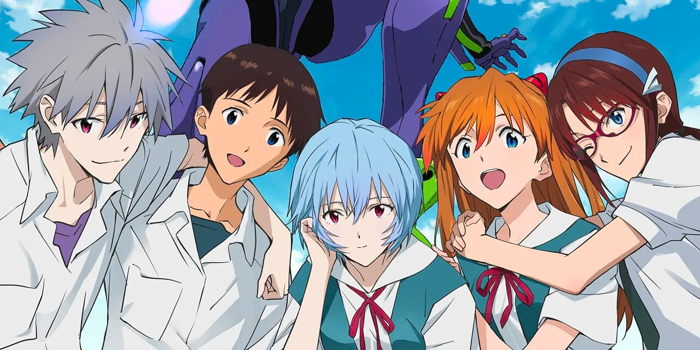 Image of Mari, Asuka, Rei, Shinji, and Kaworu from Evangelion, with Unit 01 in the background. Image