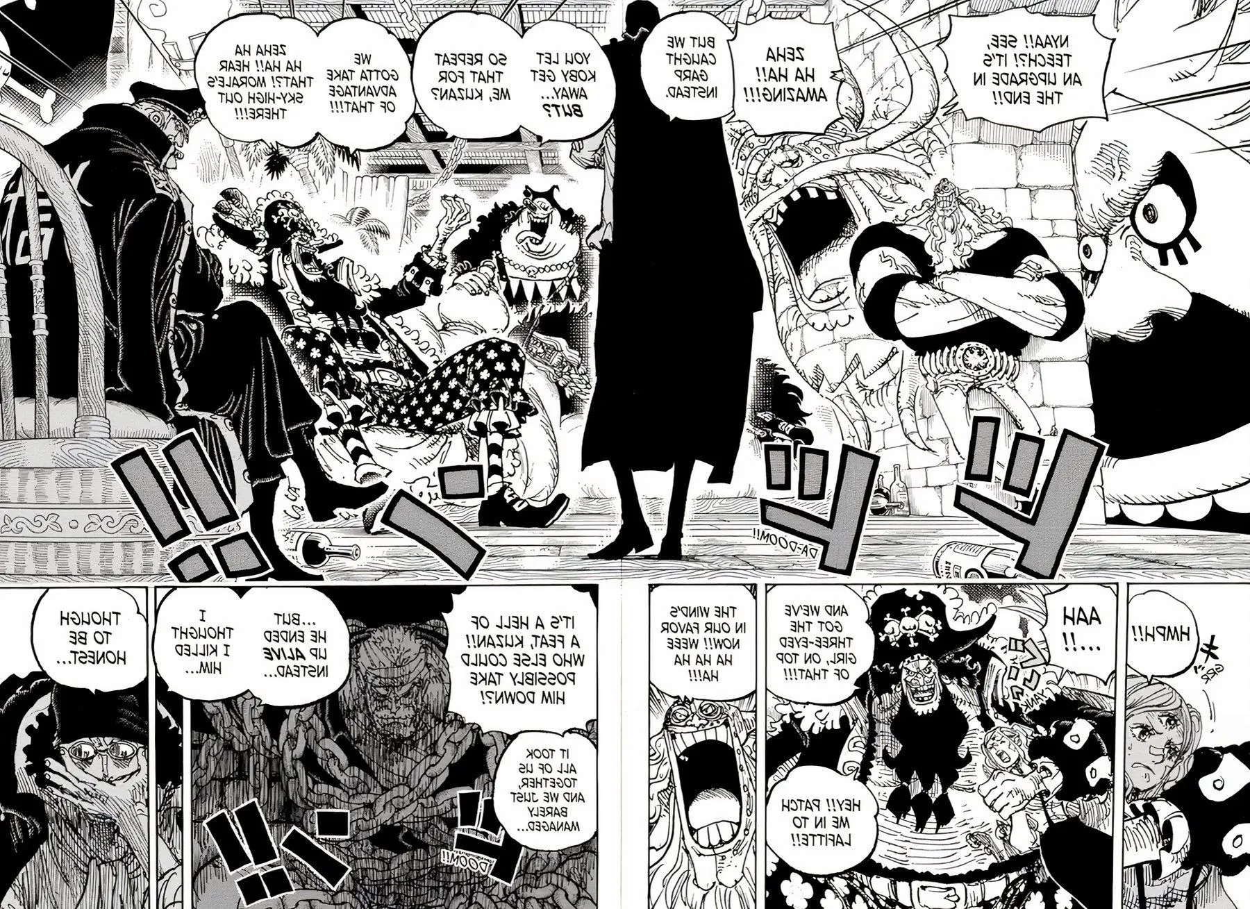 Image of One Piece Manga panel from chapter 1126 shows Blackbeard Crew gathered on Fullalead island talking about their new hostages Garp and Pudding. Image