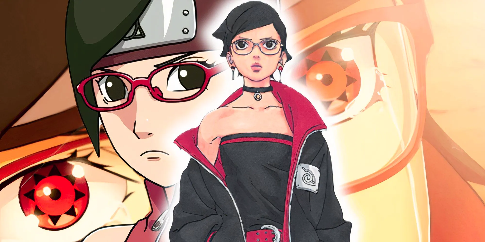 Image of Sarada grown up in Two Blue Vortex with an image of her younger in the background Image