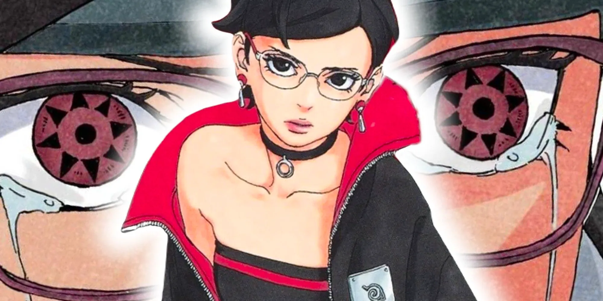 Image of Sarada Uchiha in front of a manga panel of her Mangekyo Sharingan Image