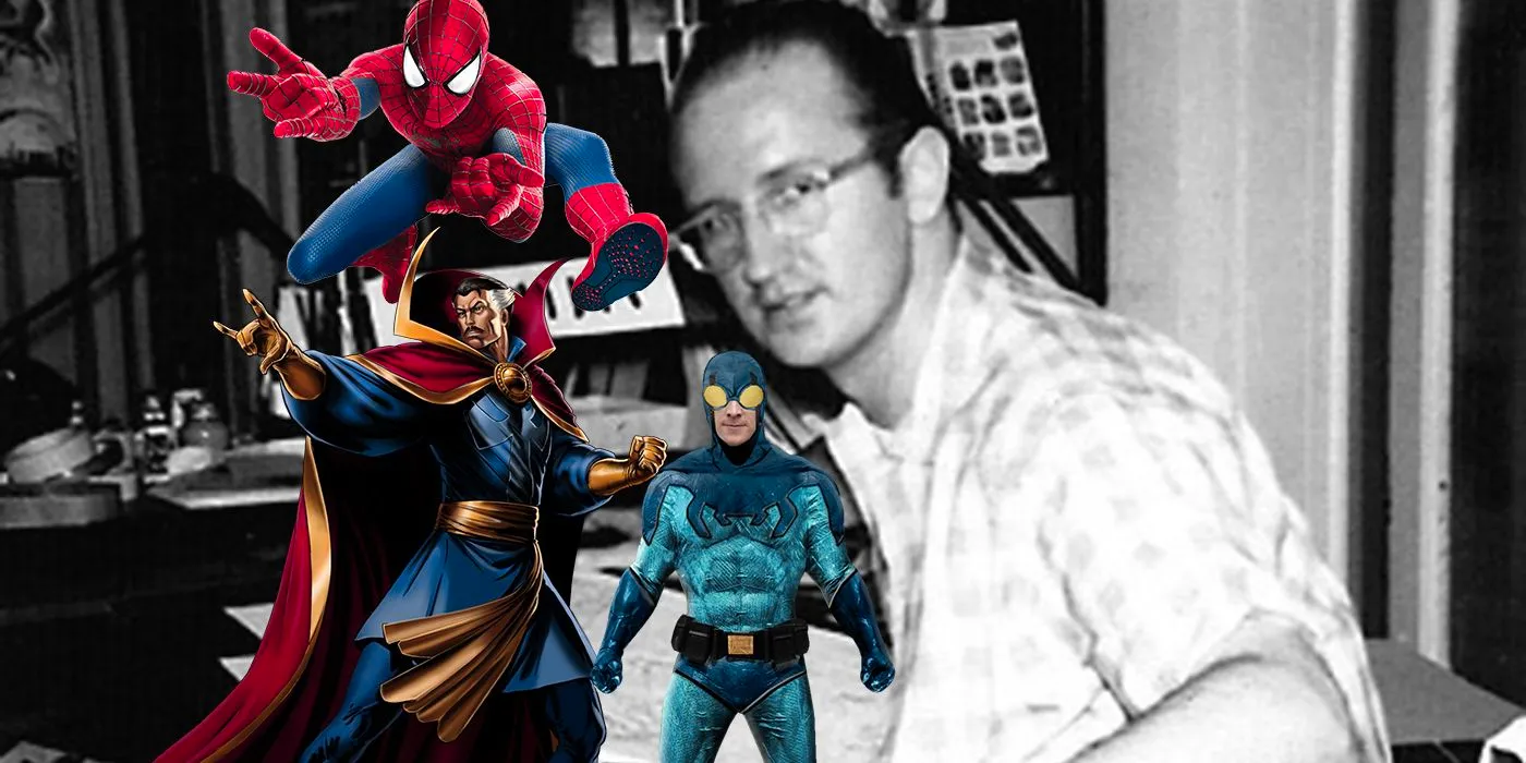 Image of Steve Ditko along with Spider-Man, Dr. Strange and Blue Beetle Image