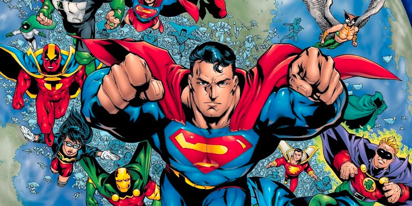 Image of Superman leading heroes into battle. Image