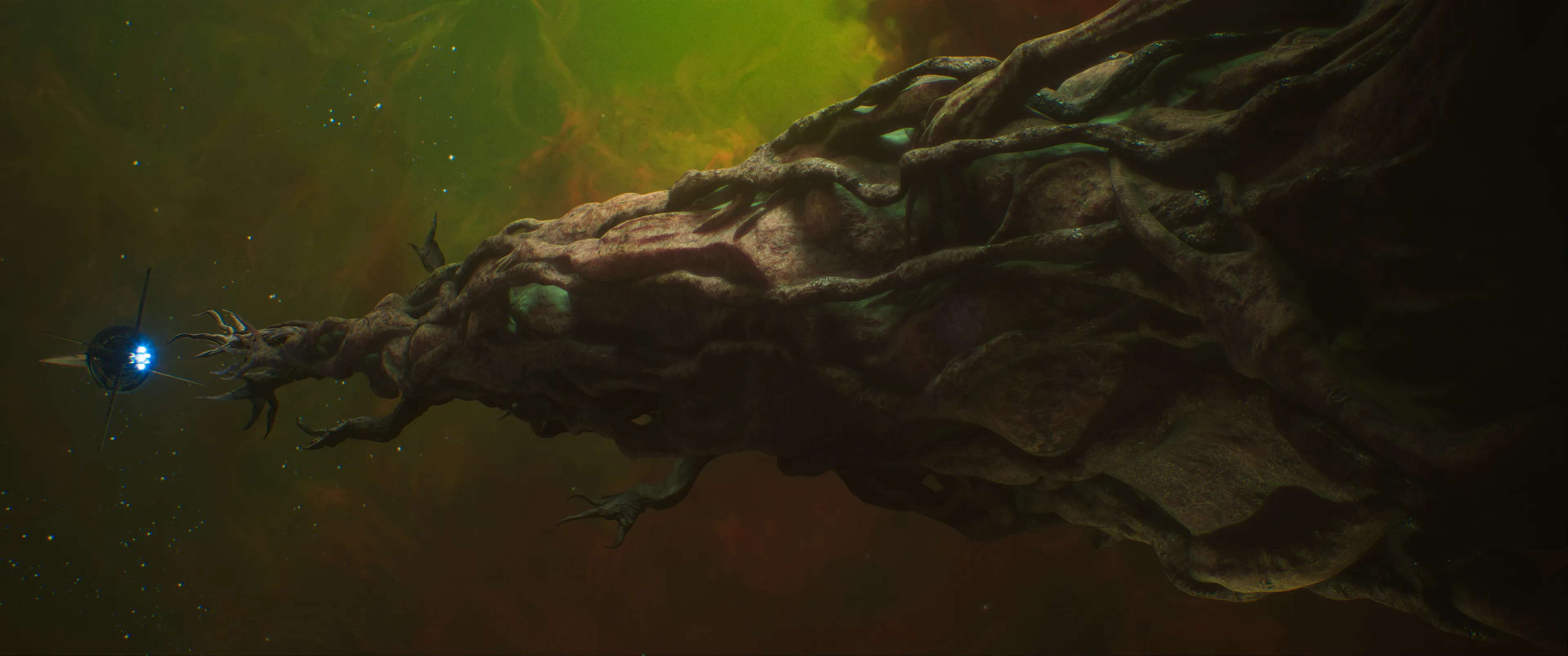 Image of the Mara Yama ship in flight through a dark and green expanse of space in Exodus.  Image