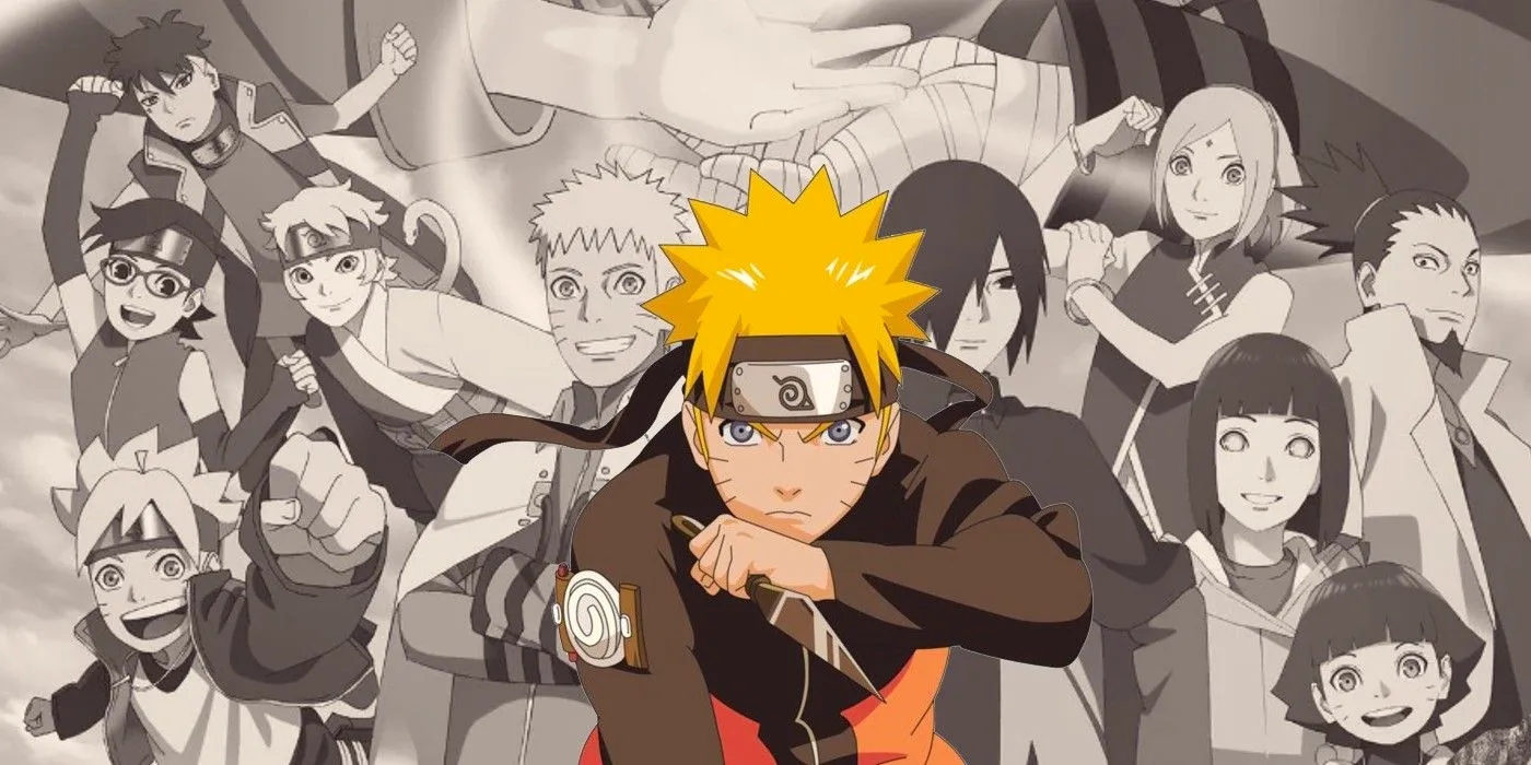 Image shows a colored in Naruto from Shippuden with a black and white background featuring the cast of Boruto smiling. Image