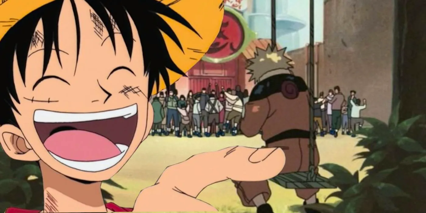 Image shows anime screenshot of young Naruto swinging on a swing outside of his school while all the other students graduated and are celebrating with their parents, while Luffy from One Piece points and laughs at him. Image