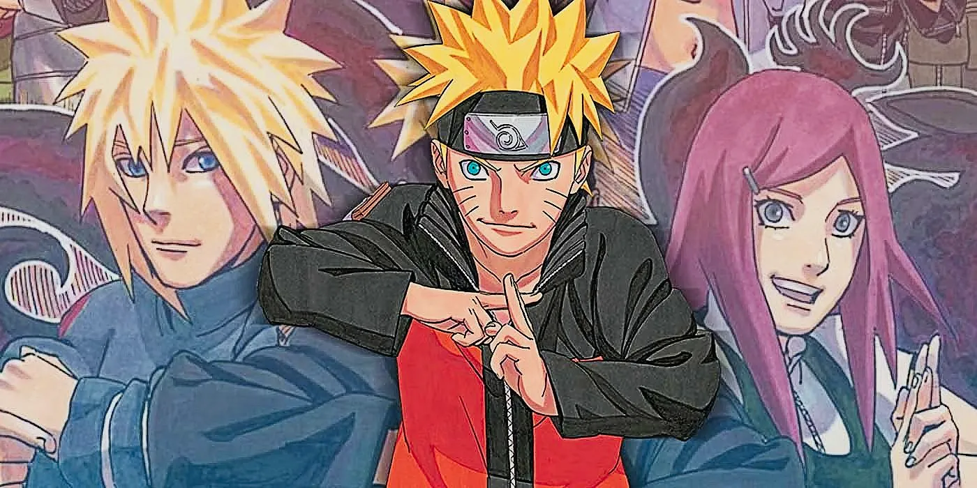 Image shows Naruto from Shippuden doing hand signs while a faded image of his mother and father are scene behind him, also doing handsigns. Image