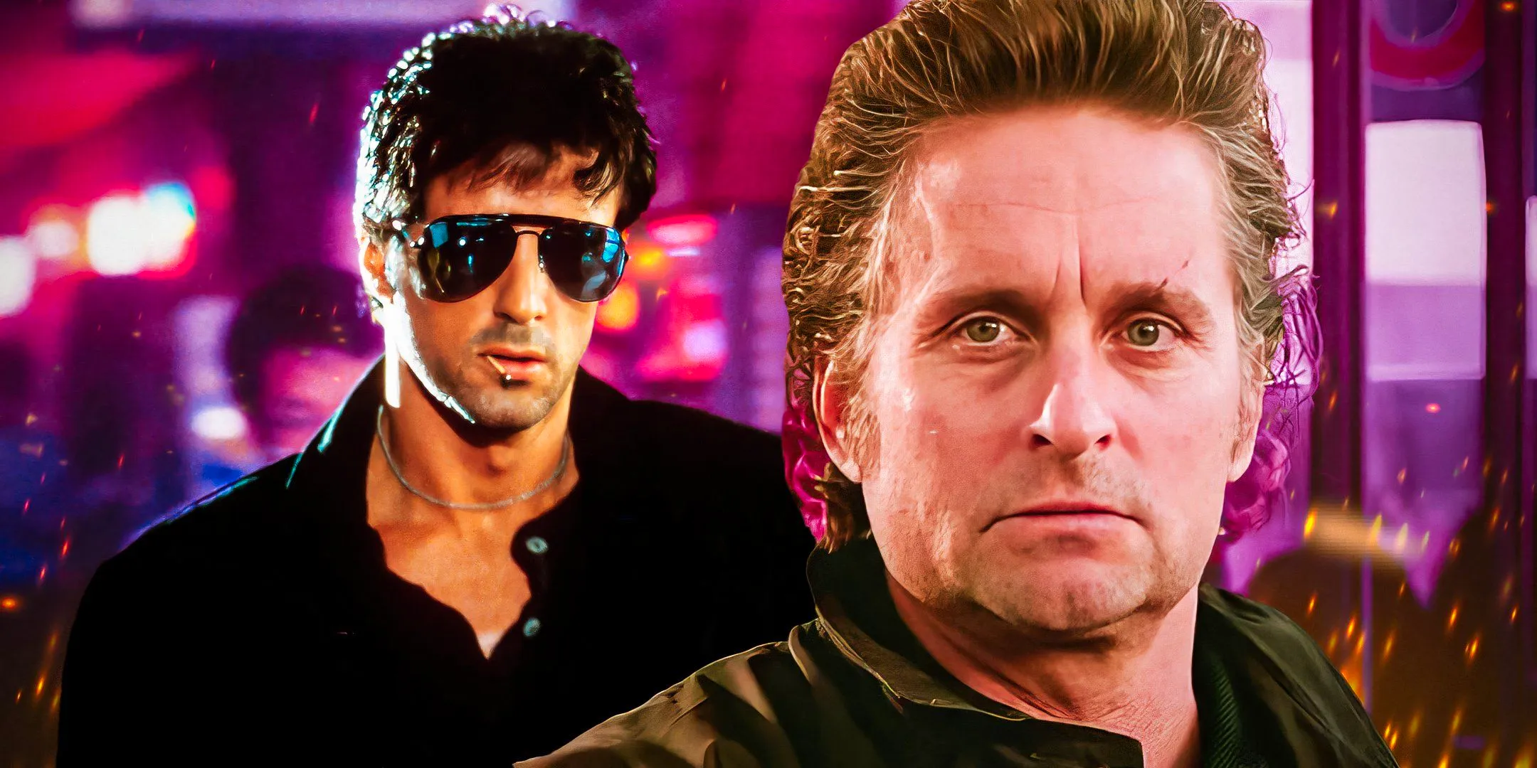 Imagery from Black Rain and Cobra, michael douglas and sylvester Stallone with sunglasses both in leather jackets  Image