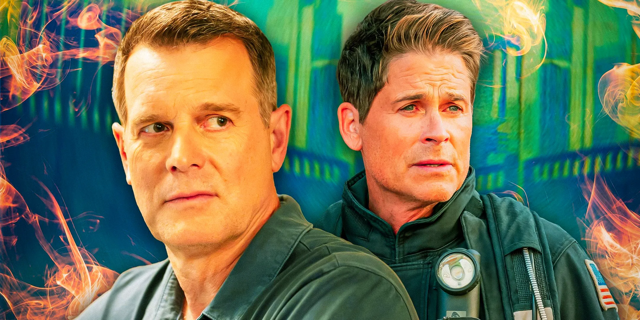 Imagery from The 9-1-1 Franchise featuring Rob Lowe as Owen Strand and Peter Krause as Bobby Nash Image