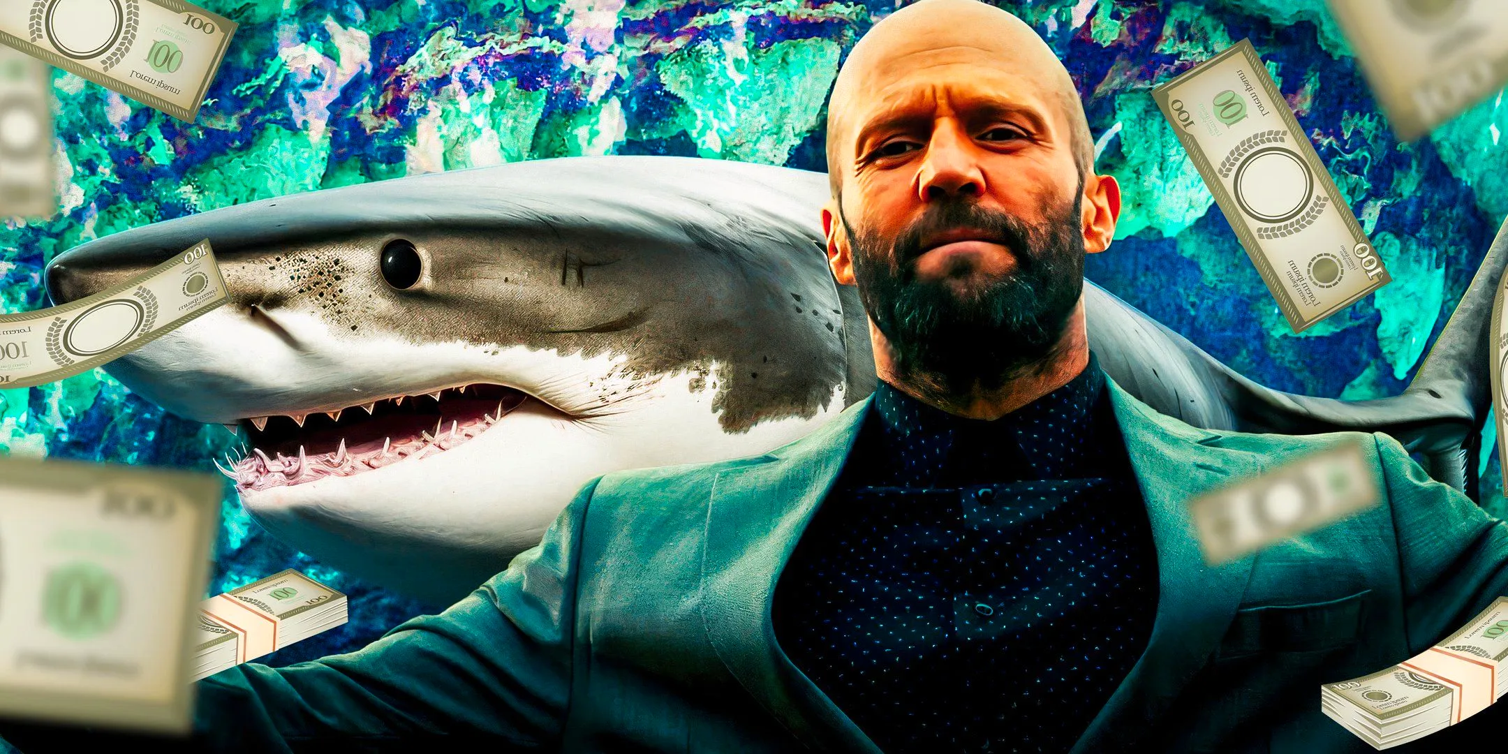 Imagery from The Beekeeper, with Jason Statham surrounded by cash, and a shark. Image