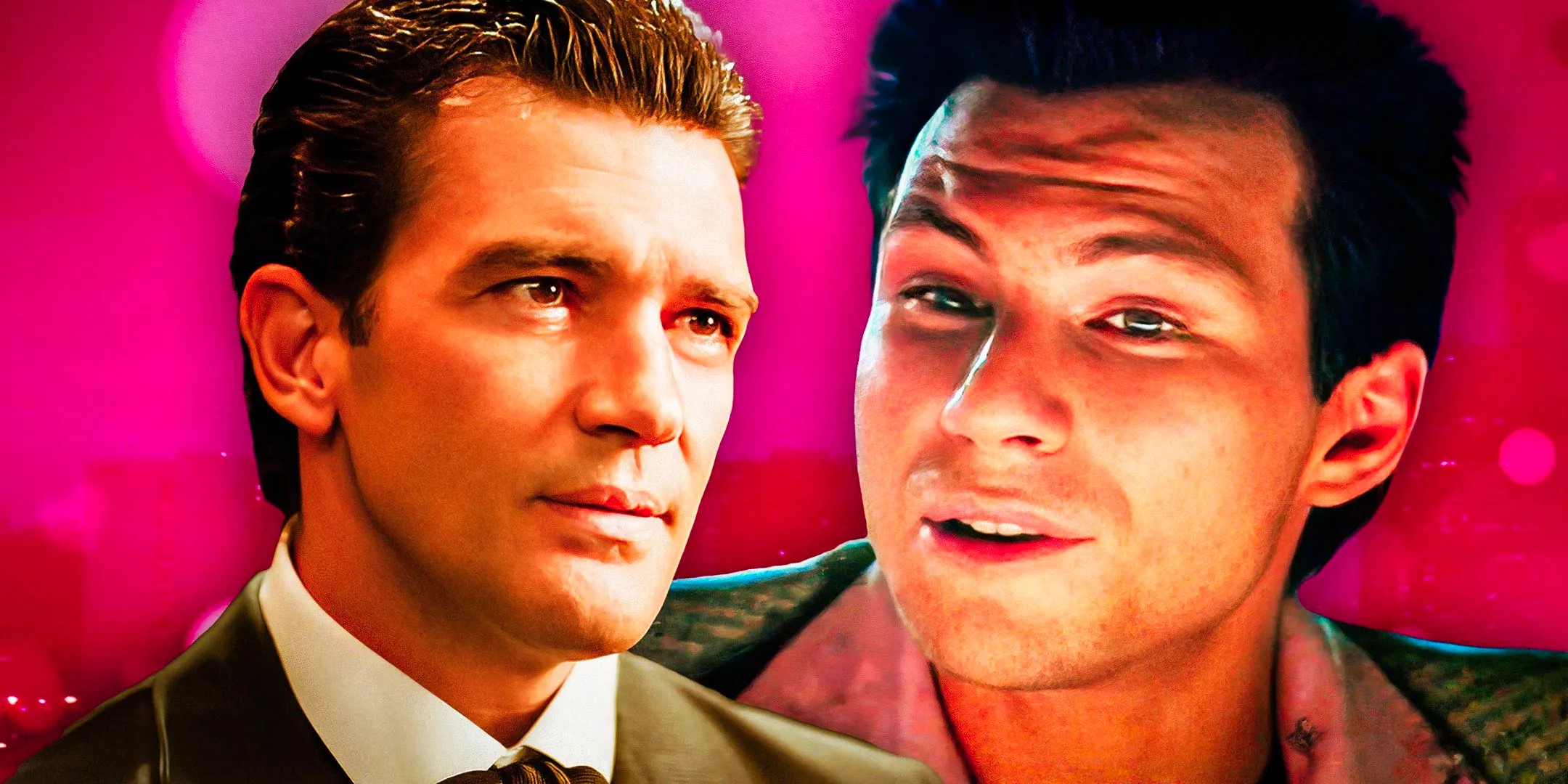 imagery from True Romance and Original Sin, Antonio Banderas And Christian Slater both looking suave on a red background Image