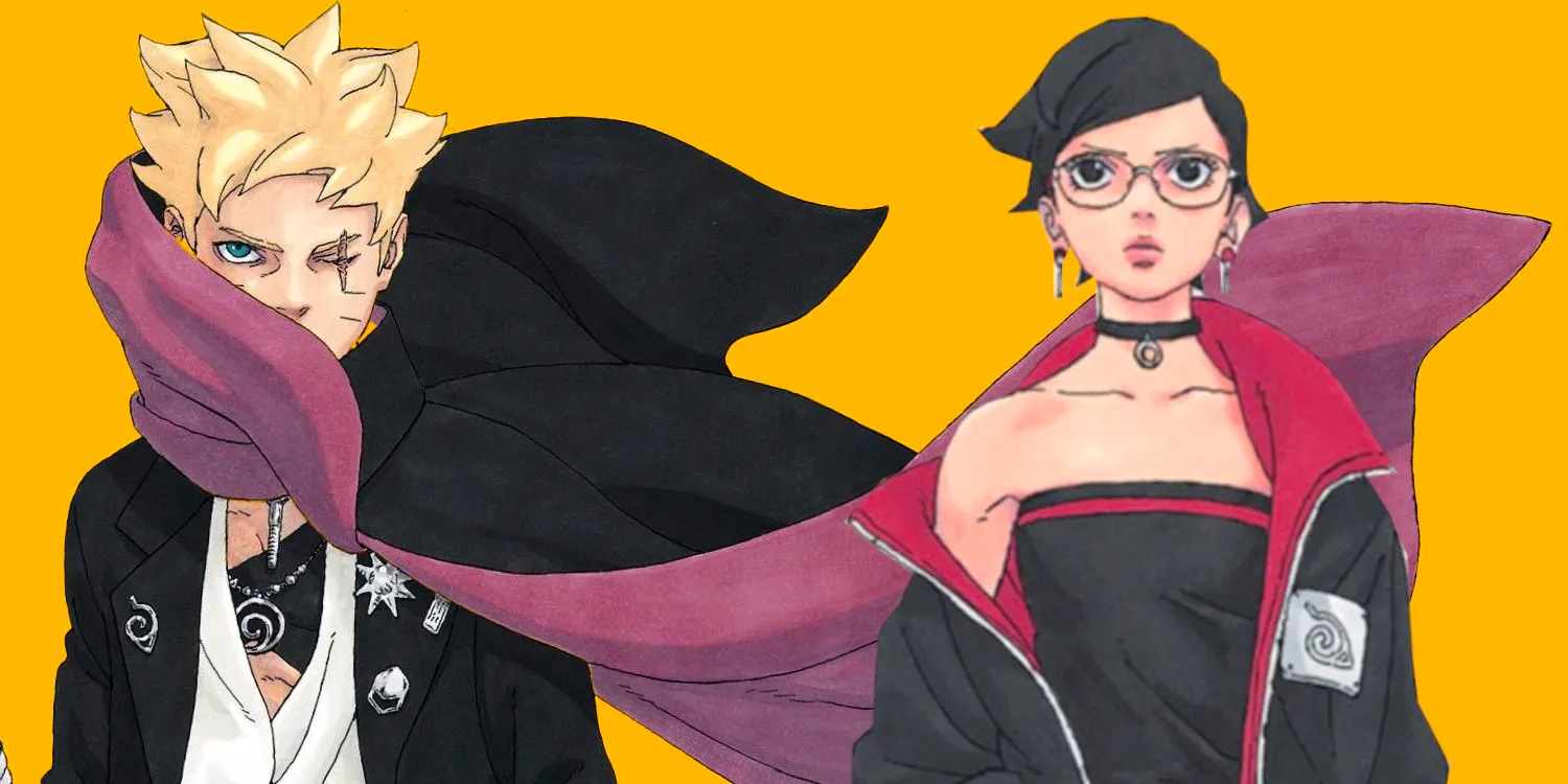 Images from Boruto manga shot Boruto standing without his headband with a large black and red cape blowing in the wind, slightly covering his face. While Sarada in her Part 2 out stands next to Boruto. Image