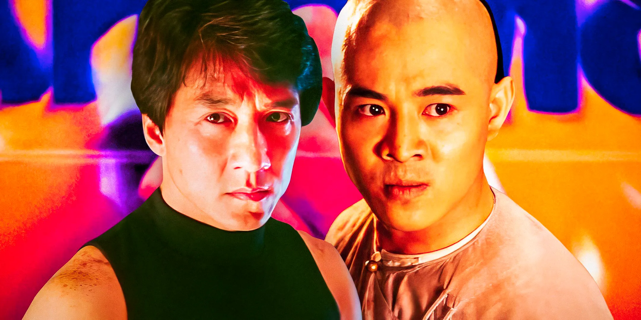 Images of Jet Li in Once Upon a Time in China and Jackie Chan in Rumble in the Bronx are edited onto a background with flames.  Image