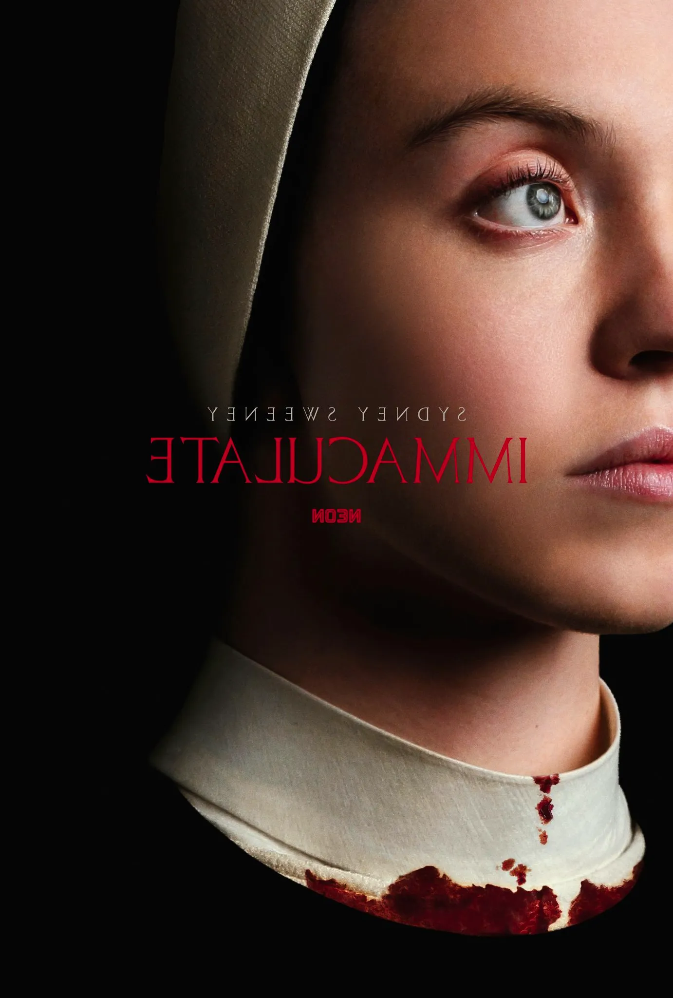 Immaculate Movie Poster Showing Sydney Sweeney Dressed as a Nun with Blood Around Her Collar Image