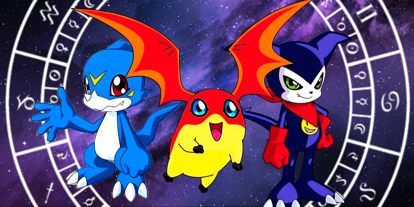 Impmon, Patamon, and Veemon standing side by side in space. Behind them, a Zodiac Sign circle can be seen. Image