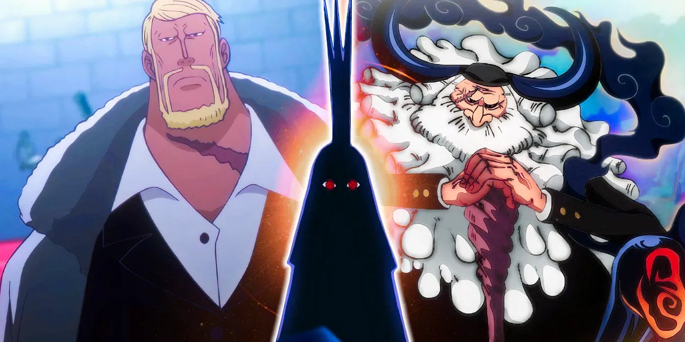 Imu from one piece in the center with a warm glow behind him, with saturn in his yokai form to the left and ju peter in his human form to the right in the background Image